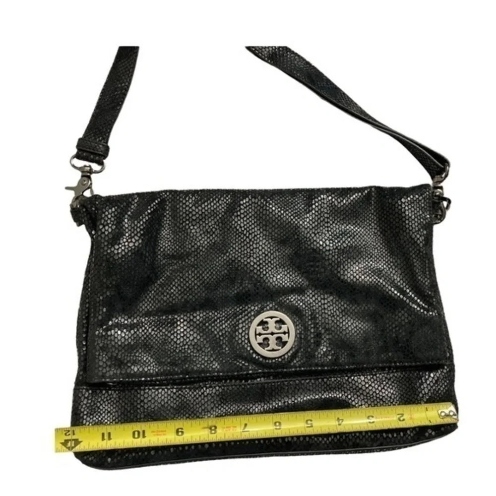 Tory Burch black embossed leather fold over crossbody bag